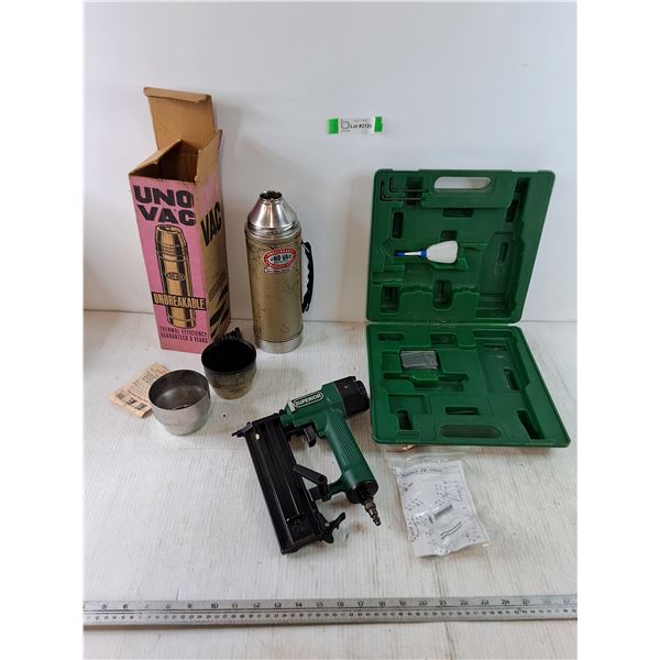 Large Thermos and Superior Pneumatic Nailgun with Green Carry Case