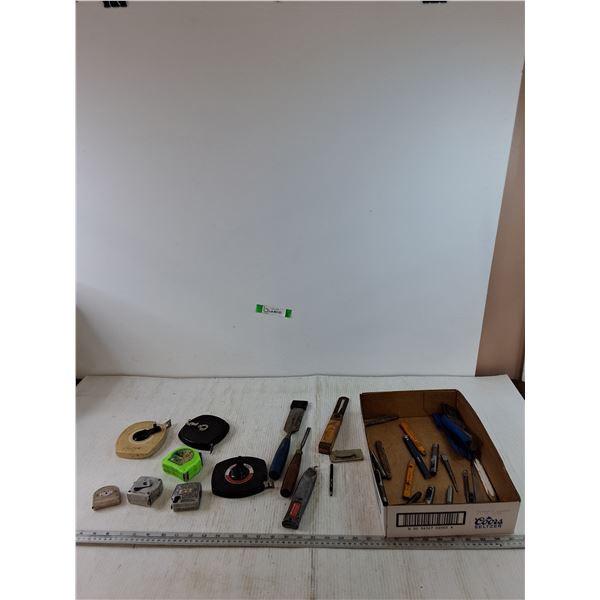(7) Tape Measures, (2) Chisels, (5) Pencils, Misc