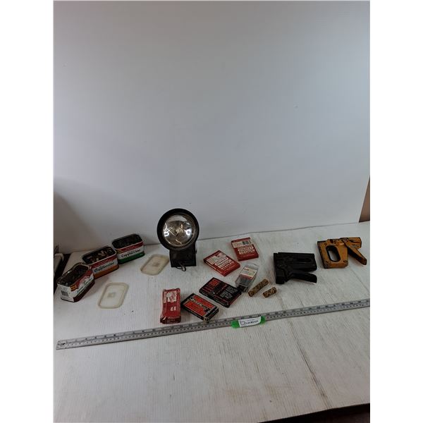 (2) Staplers, Assorted Staples, large Flashlight Untested, Misc