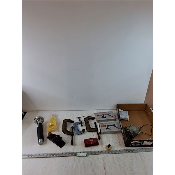 As-Is Flashlight, (3) Clamps, (1) Planer, (2) Car Coat Hangers, (1) Tape Measure, Butt Marker, Misc