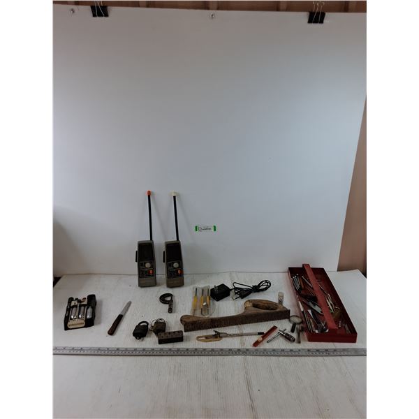 (2) General Electric Radios, (2) Locks with Keys, Rasp, 1" Micrometer, Screwdrivers