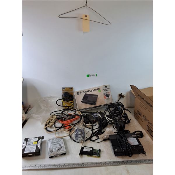 Assorted Wires Untested, HDMI Cbale, (2) Hard Drives, Internet Adapter, Answering Machine with Box
