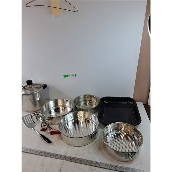 (4) Springform Pans, Pot, Mixer, Spatula, Black Tray