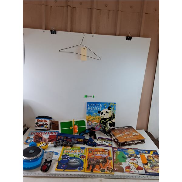 Assorted Kids Toys and Books, National Geographic Activity Books, Bop It Beats, Dinosaurs, Semi Truc