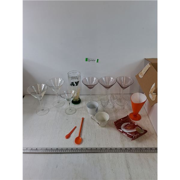 (6) Glass Martini Cups, (1) Roughriders Plastic Cup, (2) Teacups, , Sealed Ground Sage