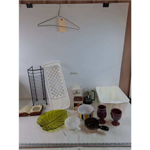 Anniversary Picture Frame, Drying Rack and Tub, Plastic Roughriders Mug, (2) Clay Goblets