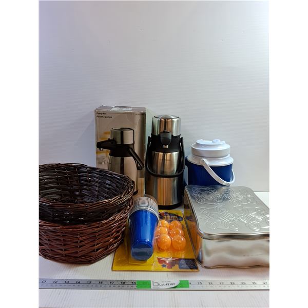 (2) Thermal Jugs, (2) Wicker Baskets, Tin Container, Misc