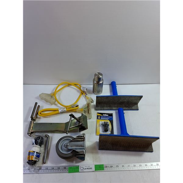 (2) Squeegees, Scissor Jack Adapter, (2) Electric Cords Untested As Is, Misc