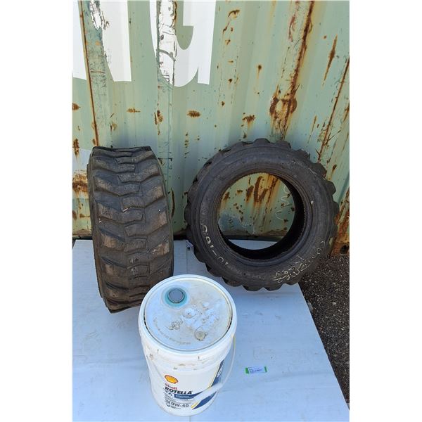 **(2) Industrial Tires 10-16.5, Engine Oil Container Half Full, Pickup Only