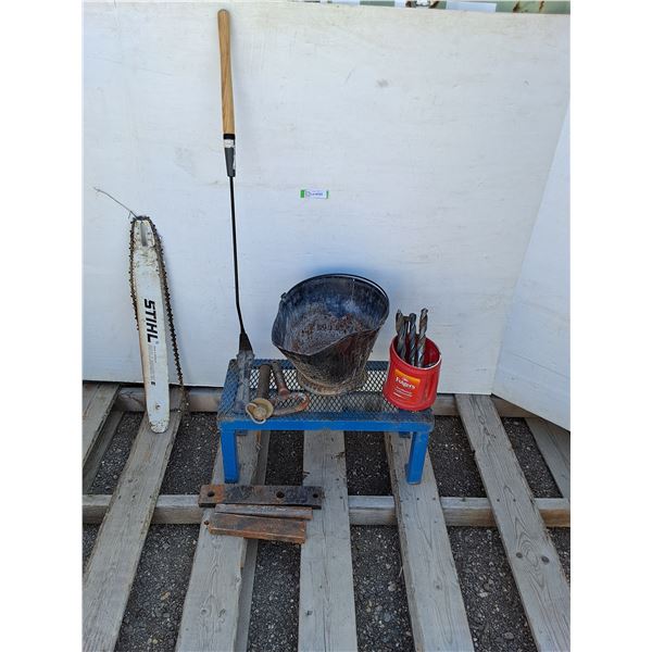 **Chain Saw Bar With Chain 28", Hitch Pins, Metal Ash Bucket 17"x11", Stool 24"x11", Misc, PU Only