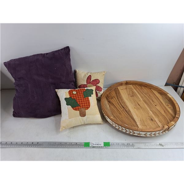 (3) Pillows & Spinning Serving Wooden Tray 17"