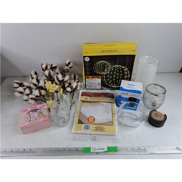 Artificial Cotton Branches, Lighted Hanging Sphere, Soap Dispenser, Satin Sleep Cap, Mattress Cover,