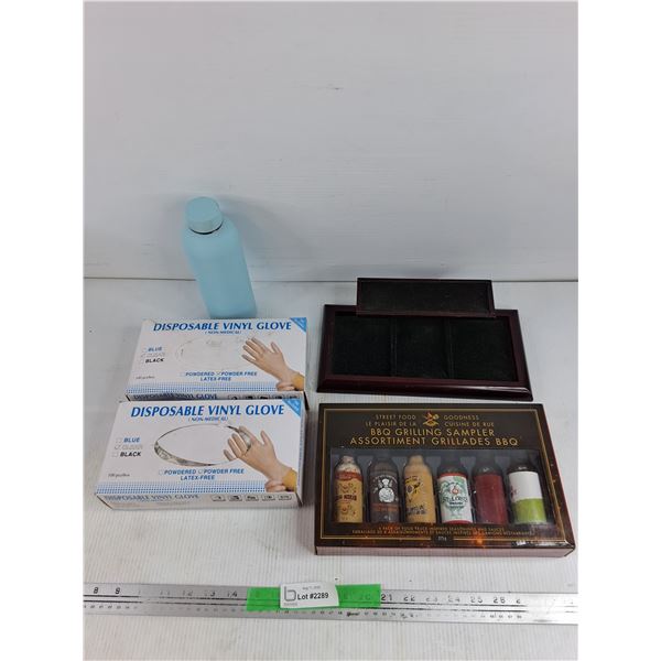 Disposable Vinyl Gloves, Water Bottle, BBQ Grilling Sampler, Jewelry Display Stand