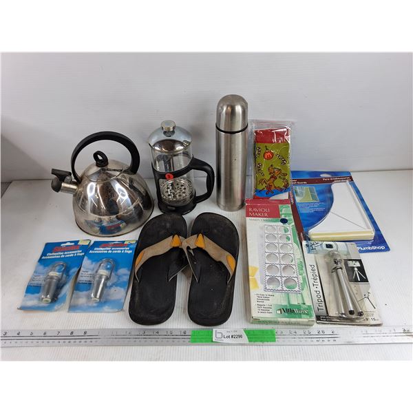 Tea Pot, Slippers, Percolator, Insulated Water Bottle, Ravioli Maker, Tripod, Shower Splash Guards,