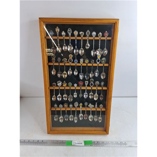Wooden Shadow Box & Assorted Souvenir Spoons