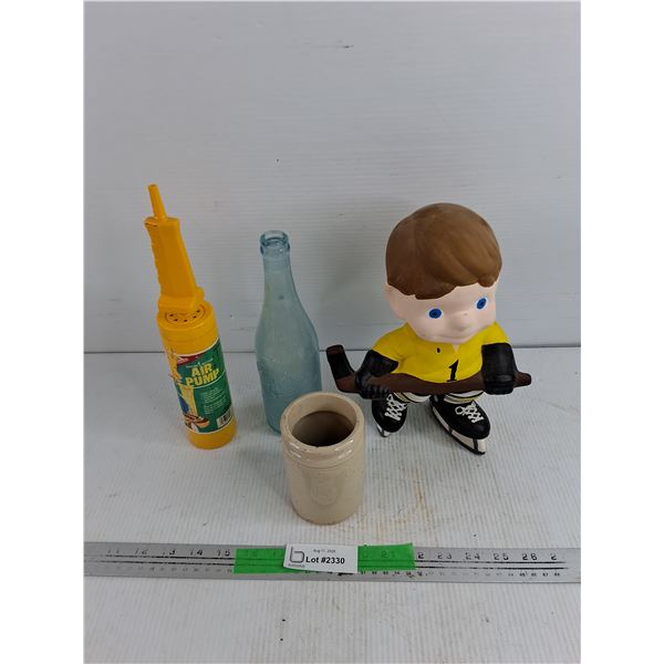 Double Action Air Pump, Glass Bottle, Crock Pot & Ceramic Hockey Figure