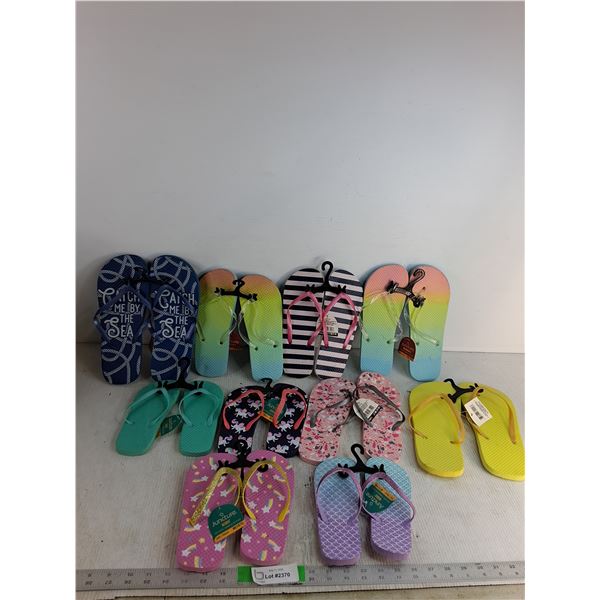 (10) Pairs Of Flip Flops Sizes Kids 11 - 13, Womens Sizes 7-12