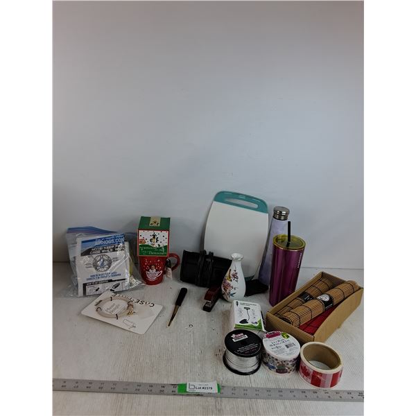 Elf Themed Mug, (4) Bamboo Mats, Cutting Board, (2) Water Bottles, Phone Bangle, Misc