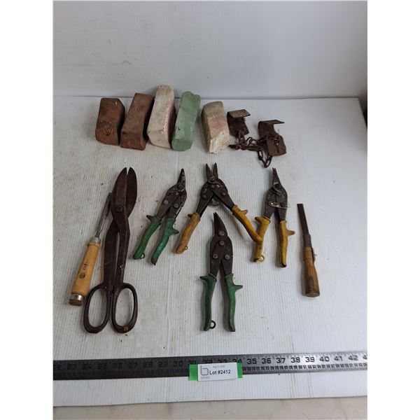 Assorted Tin Snips, Chisels, Cow Kickers, Polishing Compounds