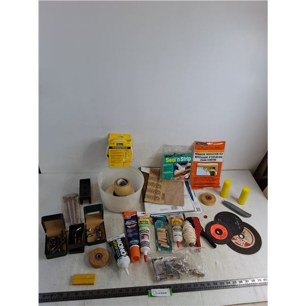 Assorted Hand Tools, Tapes, Woodwork Compounds, String, Sandpaper, Misc.