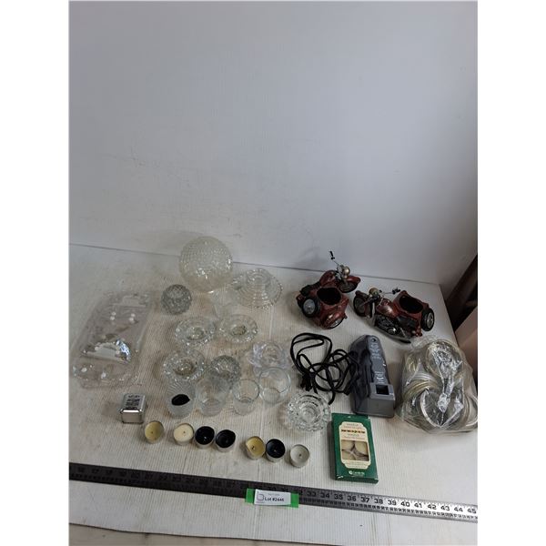 Assorted Glass Candle Holders, Motorcycle Ornaments, Votive Candles, Fixture, Canning Lids, Misc.