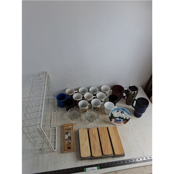 (16) Assorted Mugs, Candle Holders, Banff Ornament, Votive Candles, Rack, Misc.