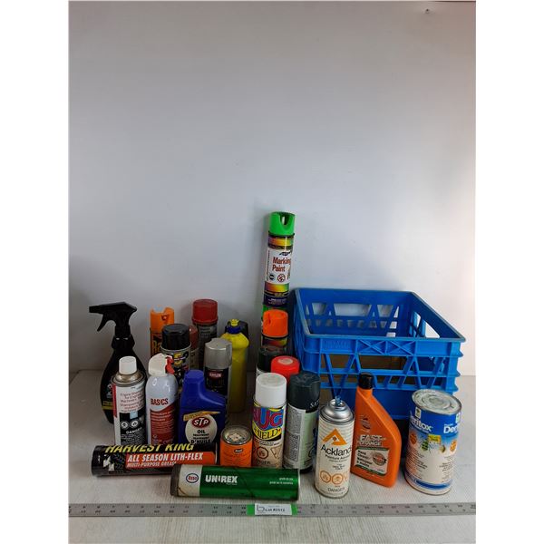 Milk Crate Full Of Various Vehicle Sprays- Tire Shine, Engine Shampoo, Spray Paints, Pickup Only