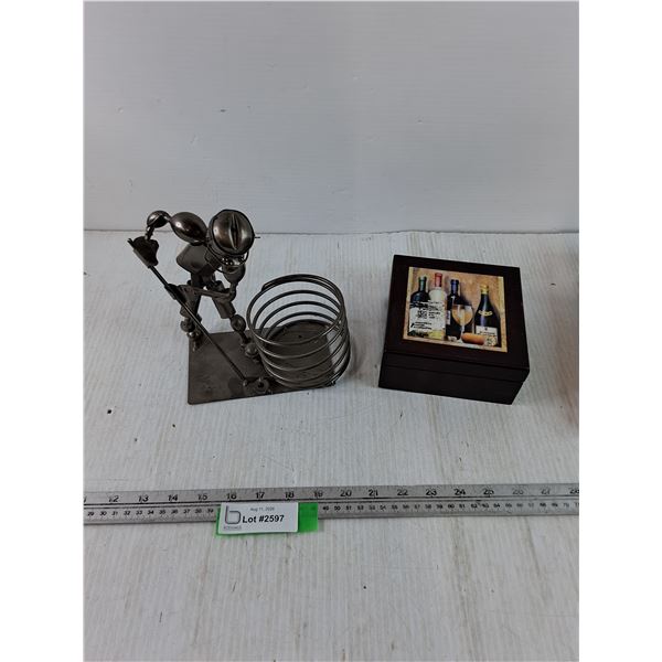 Hockey Goalie Blttle Holder and Dark Wooden Box with Wine Art on Top