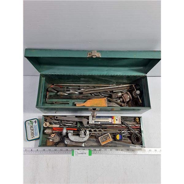 Assorted Drill Bits, Clamps, Hole Cutters, Matches, Tape Measure, Toolbox