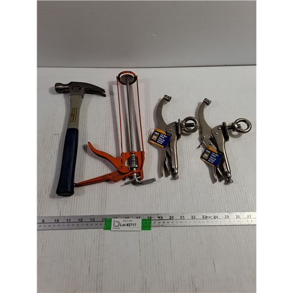 Powerfist 9" Vise Clamps, Caulking Gun, Estwing Fiberglass Handle Hammer