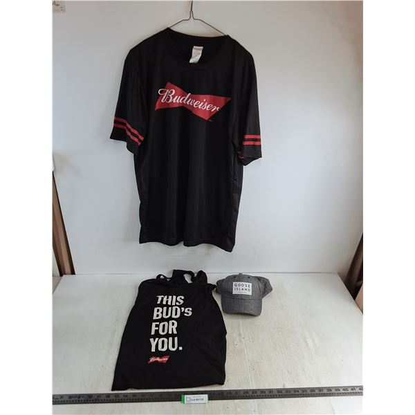 (2) Budweiser Promotional Tops (Large Tee & Small Muscle), Goose Island Beer Ball Cap