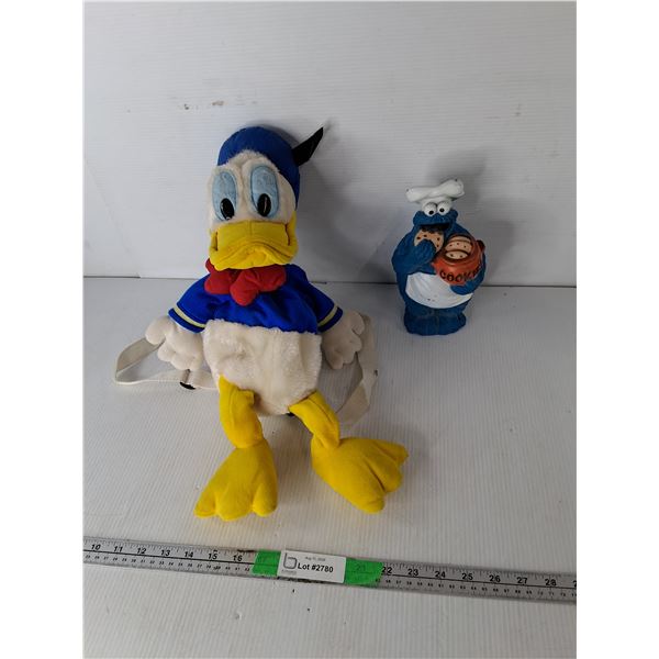 Cookie Monster Plastic Coinbank 9" & Donald Duck Backpack