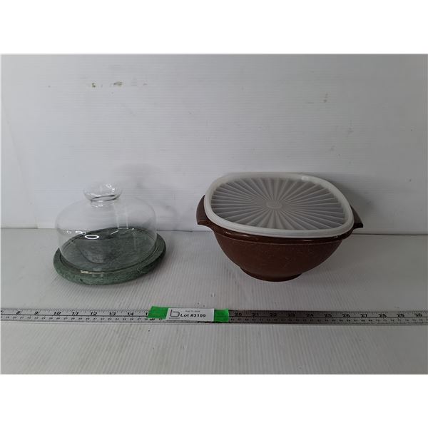 Marble Cake Plate 7.5" & Tupperware Bowl- Nonfitting Lid