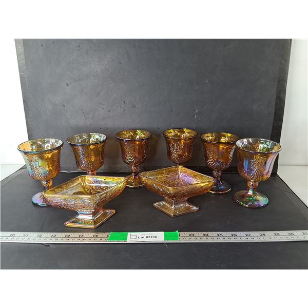 Iridescent Amber Glass Goblets & Candy Dishes
