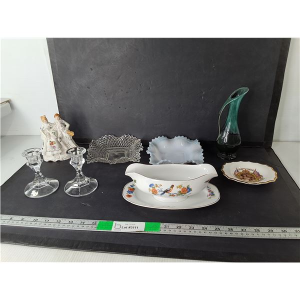 Glass Candleholders, Candy Dishes, Blue Mountain Pottery Style Pitcher 8.25", Misc.