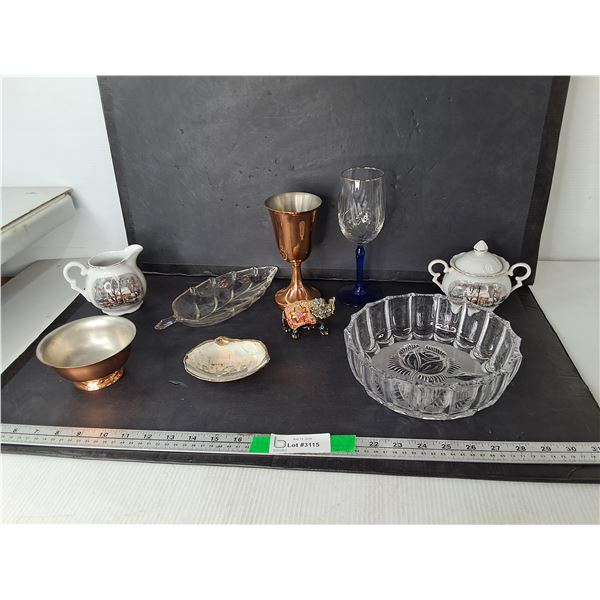 Copper Goblet, Sugar Bowl & Creamer, Glass Bowl 8", Misc.