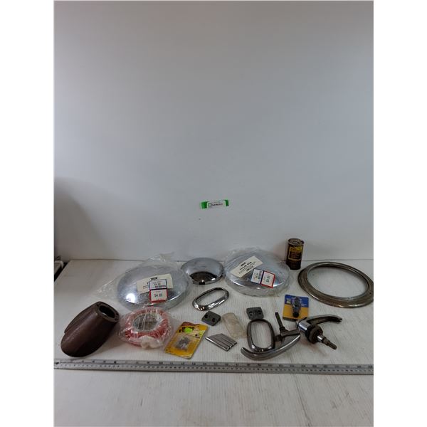 Assorted Car Parts, (2) Rear Hubcaps, (2) Car Door Handles, Mini Fuses, Spark Plug Hole,