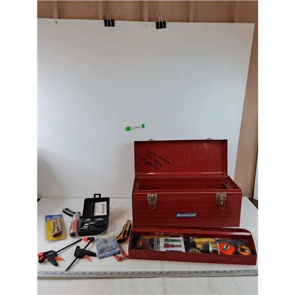 Mastercraft Red Toolbox with Tape Measures, Box Cutters, Wrenches, (2) Small Clamps, Screwdrivers, M