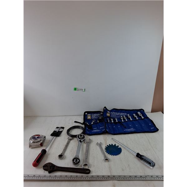 Assorted Tools and (2) Sets of Wrenches, Box End and Flex Socket Wrench