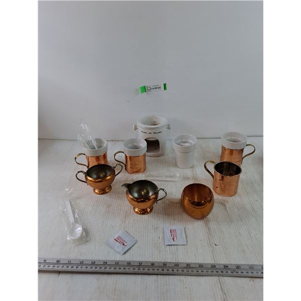 (8) Metal and Ceramic Cups, Sugar Bowl, Fondue Pot