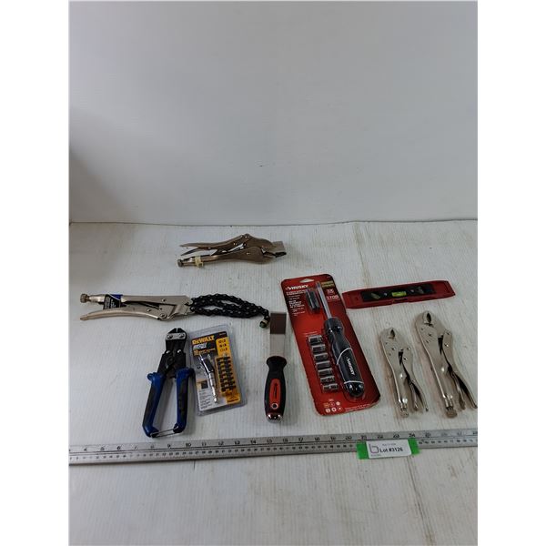 Ratcheting Screwdriver Set, Level, Chain Clamp, Locking Sheet Metal Pliers, Misc
