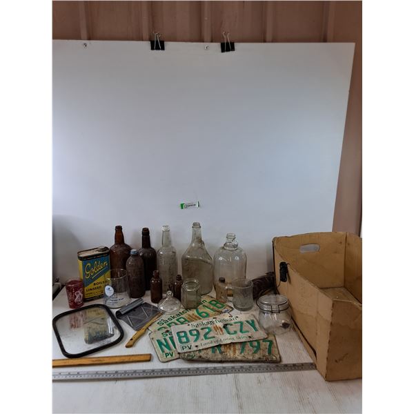 Linseed Oil, (9) Bottles, Pioneer Group Vase, (4) License Plates, (1) Jar, Misc