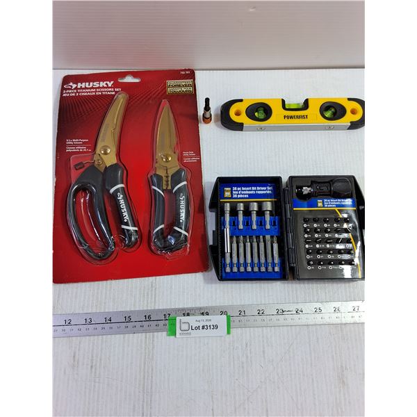 NIB Husky 2-Piece Titanium Scissors Set, Powerfist Level, & Powerfist 38-Piece Insert Bit Driver Set