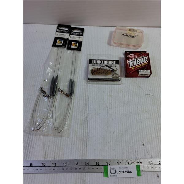 NIB Assorted Fishing Tackle, Berkley Trilene Line, Lunkerhunt Jig, Bottom Bouncers, Fly Box