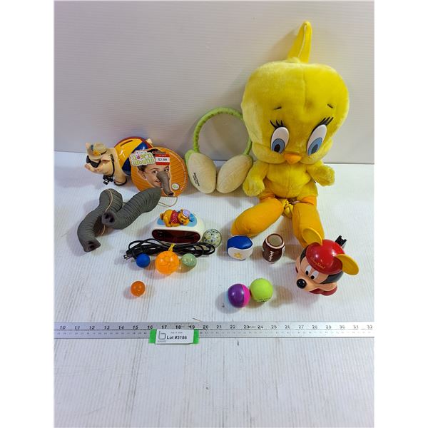 Tweetie Bird Stuffed Animal, Elephant Trunk Mask, Piggy Bank, Alarm Clock, Misc Kids Toys