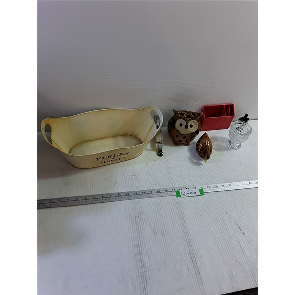 Flower Bin, Owl Candle Holder, Glass Swan, Misc.