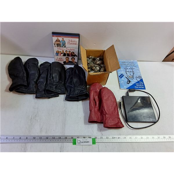 (4) Faux Leather Mittens, Bulk Vintage Tubes, Slim Portable DVD Writer, Universal Movie Disc, Humor