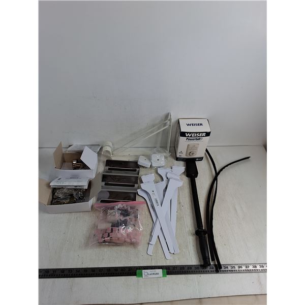 Assorted Shelving & Door Lock Hardware, Air Seal, Snow Blower Chute Cleaner, Tray