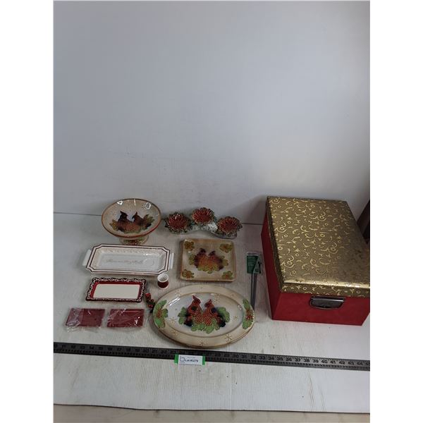 Assorted Christmas Themed Ceramic Platters - Possibly Unused, Decorative Storage Box