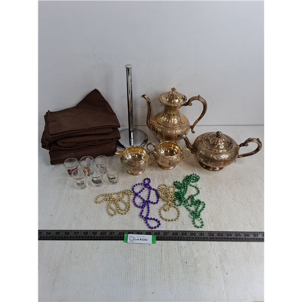 Vintage Silver-Plated Tea Service, Shot Glasses, Bead Necklaces, PT Holder, 62" x 92" Sheet Set